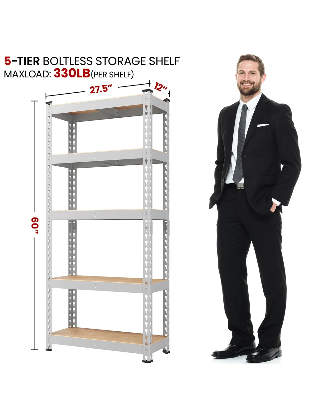 5-Tier Heavy Duty Adjustable Boltless Shelving Unit MDF Metal Rack for Garage