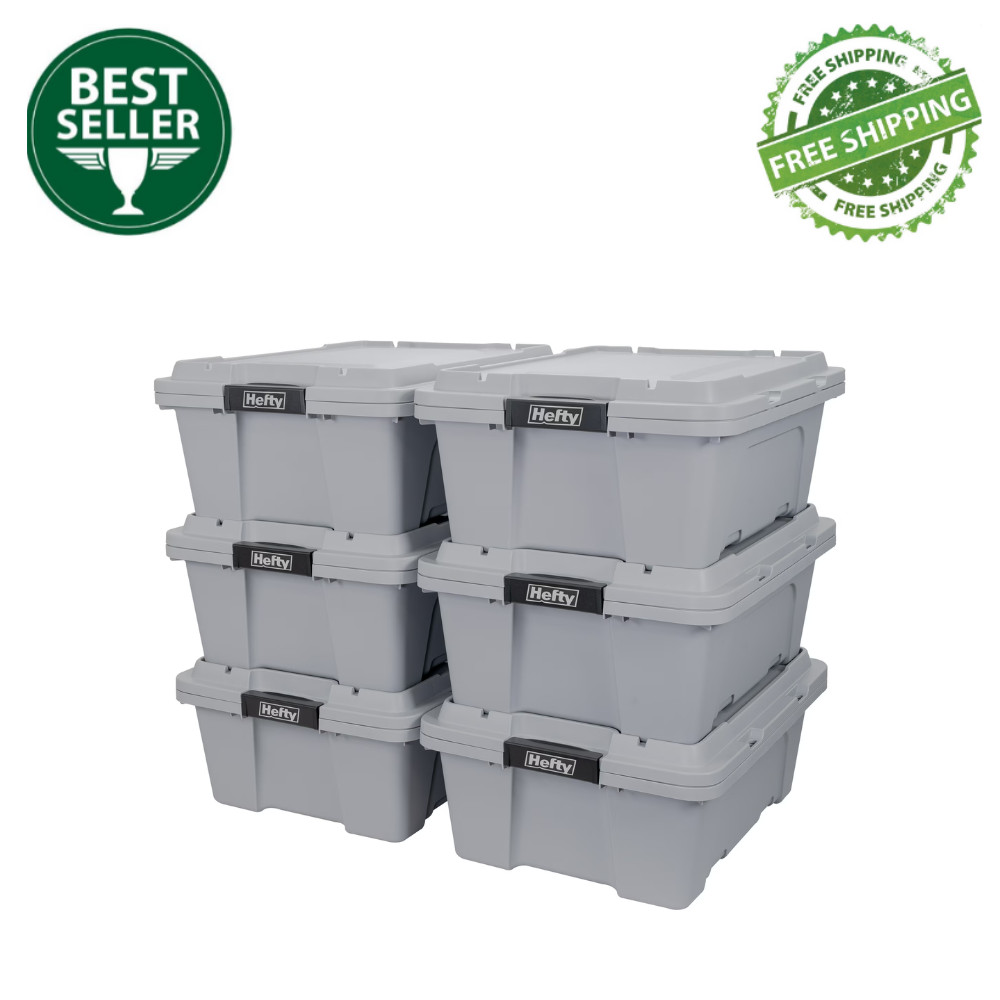 Hefty 12 Gal Max Pro Plastic Storage Tote Gray Utility Bin Latching Lid, 6-Pack
