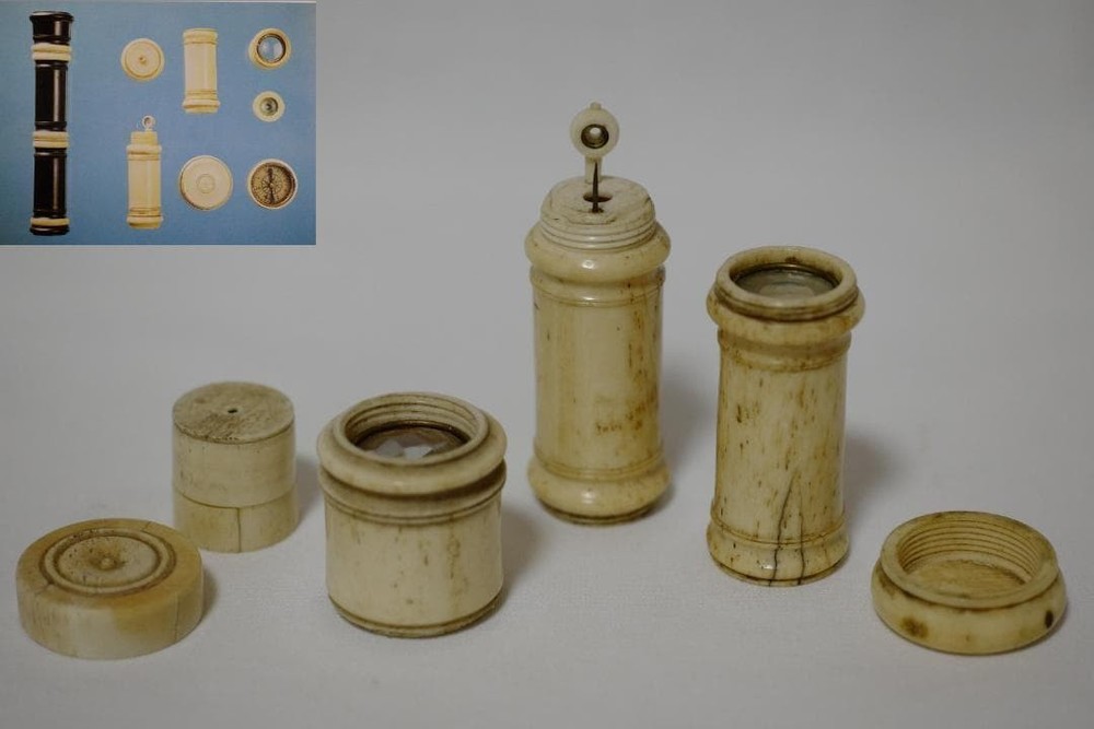 Antique 17th C Bone Optical Instrument Set Microscope Telescope c1700