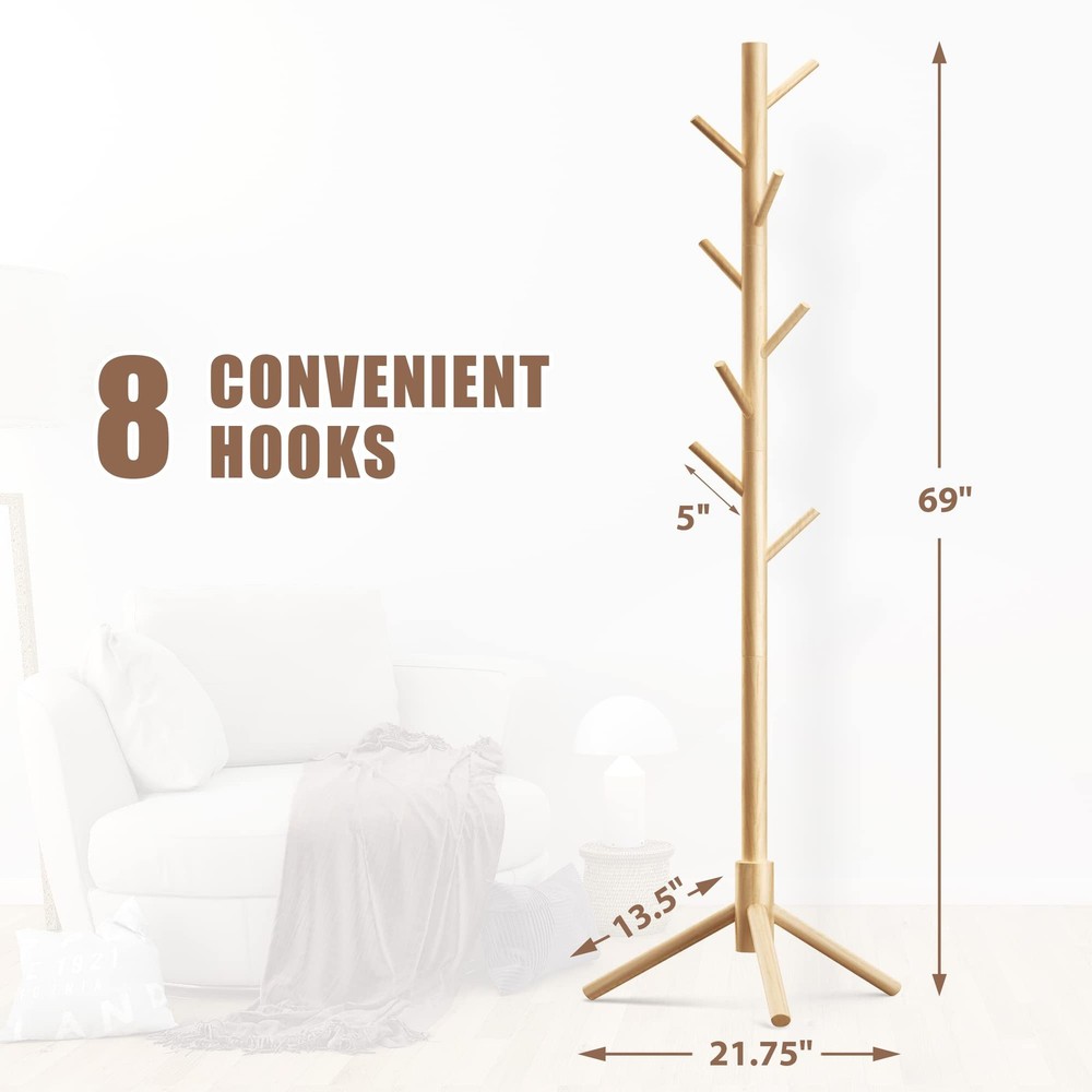 Wooden Coat Rack Stand 8 Hooks Adjustable Pine Entryway Organizer