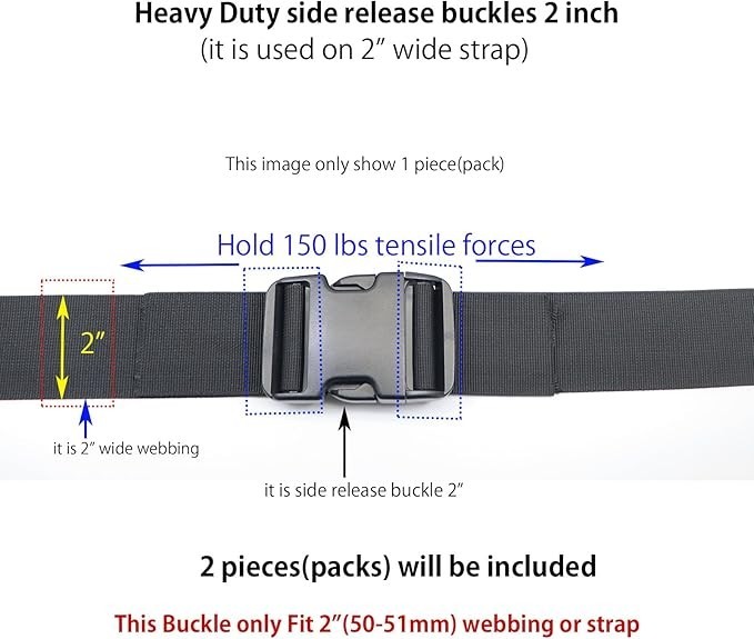 2 Inch Adjustable Plastic Side Release Buckles Heavy Duty 2 Sets Black Strap