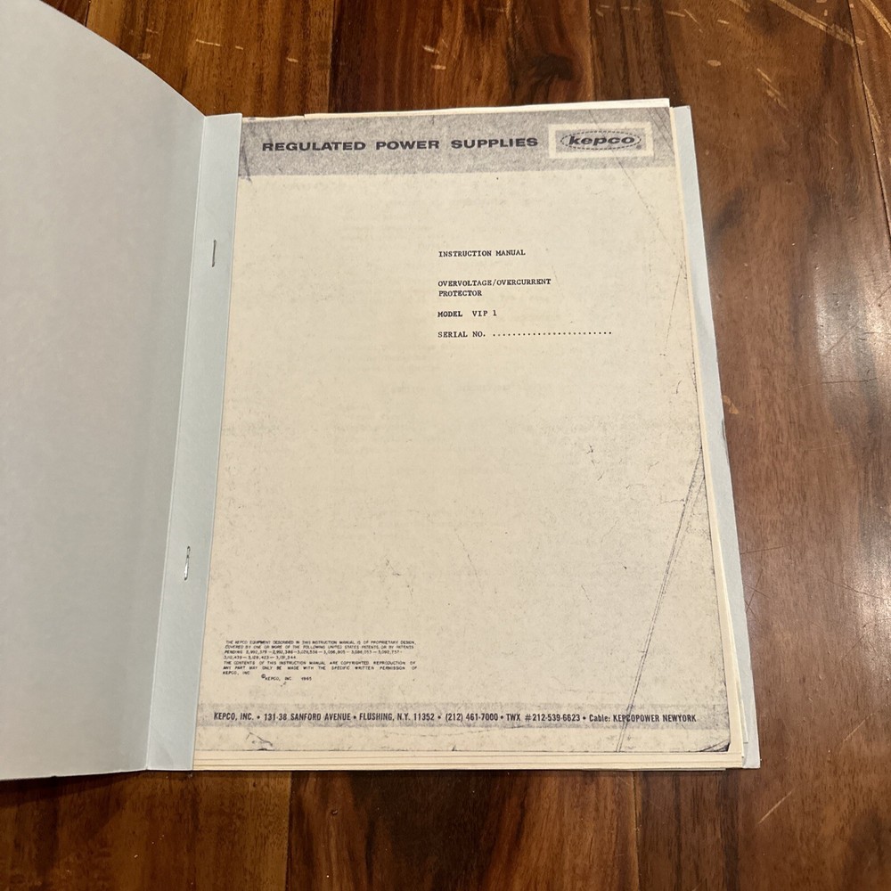 Kepco Model VIP 1 Overvoltage/Overcurrent Protector Instruction Manual 1965