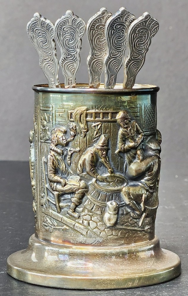 Vintage 1950's Set of 5 Nils Johan Silver Plated Appetizer Forks w/ Holder Cup