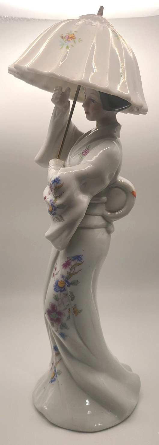 Vintage Japanese Geisha with Umbrella Floral Porcelain Statue 13" Unique