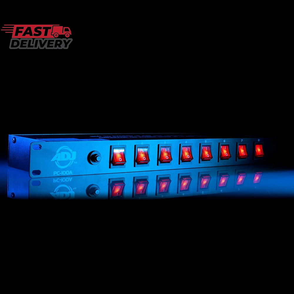 ADJ PC100A Power Strip Single Rack Space Unit with 8 on off Lighted Toggle Switc
