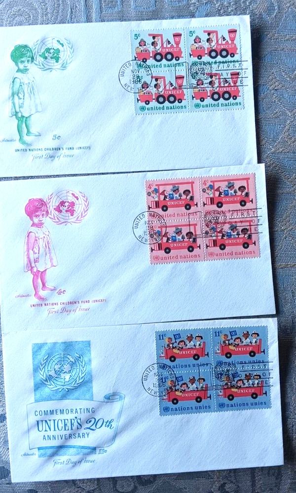 UNICEF EMERGENCY CHILDREN'S FUND COMPLETE SET UNITED NATIONS 3 BLOCK FDCS 1966