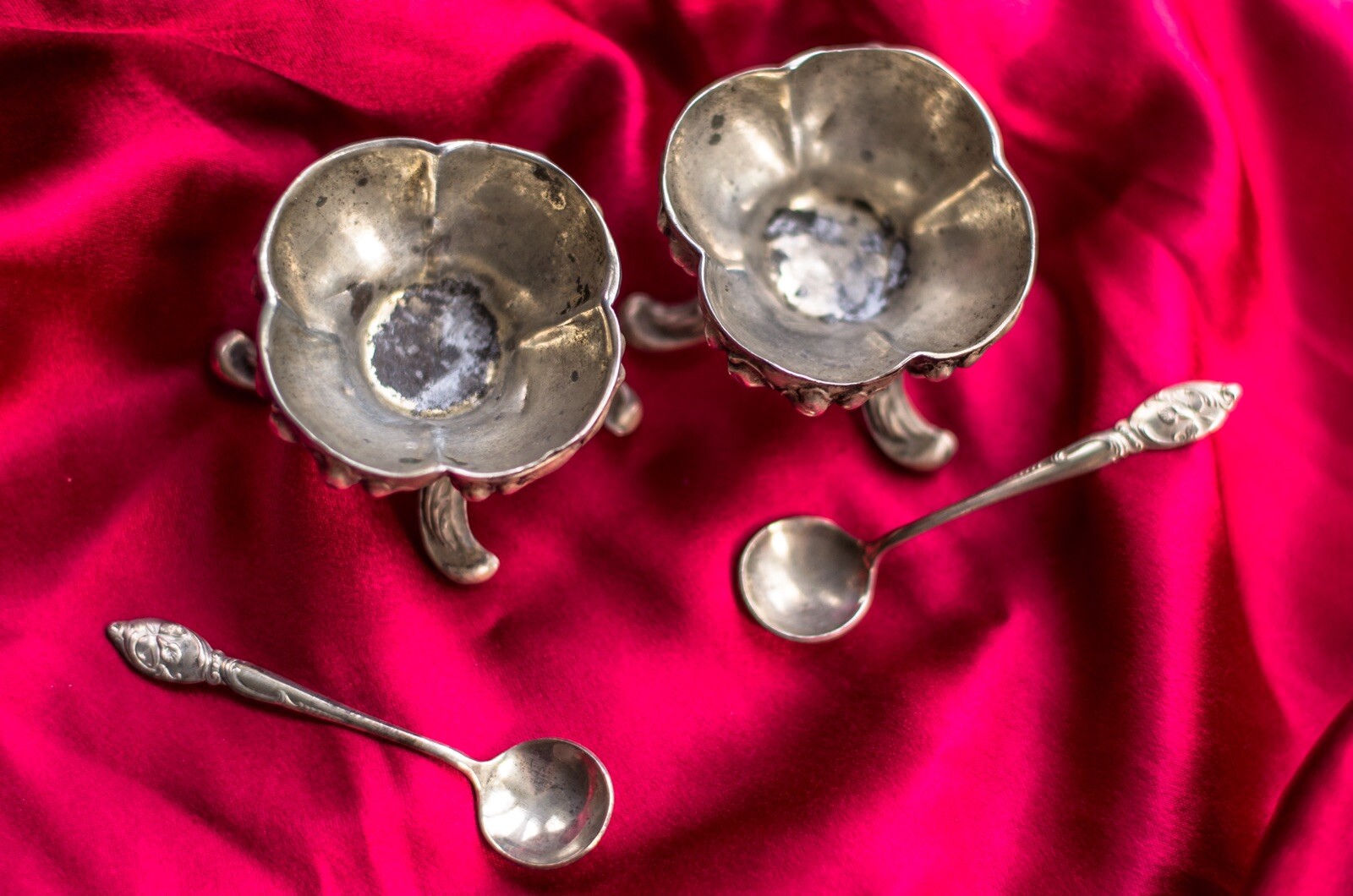 Rare Pair Art Nouveau Salt Cellers With Westmoreland Spoons-All Silver