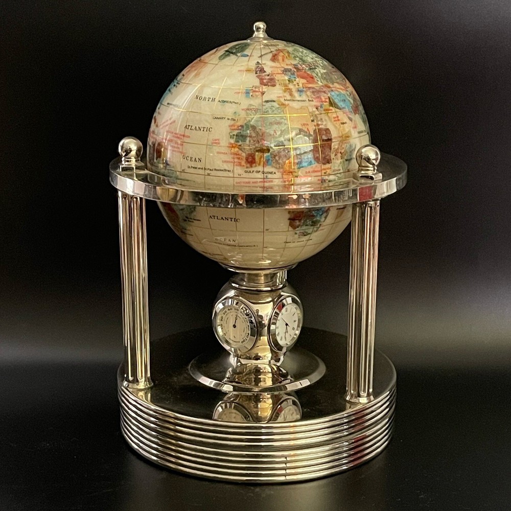 Beautiful Antique Precious Gemstone World Globe With Clock, Hydrometer, & Temp