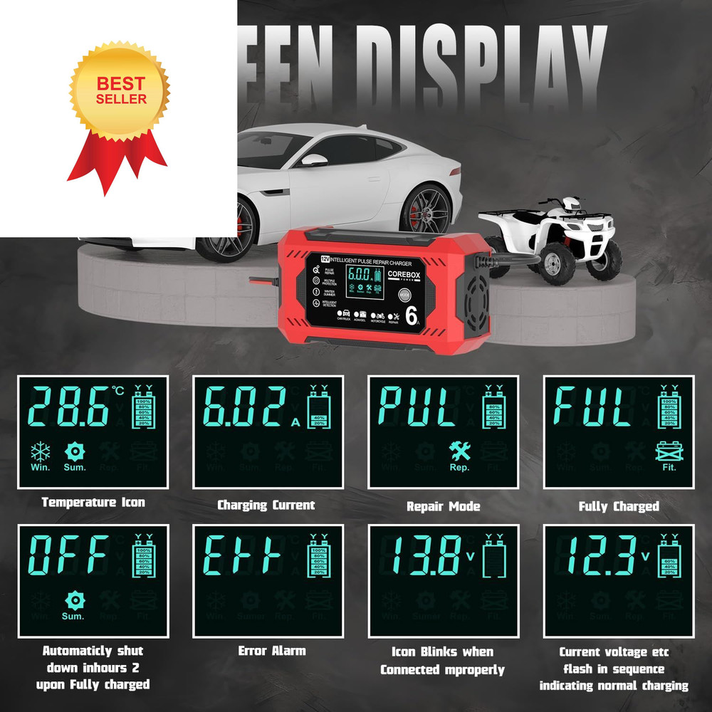 Corebox Battery Charger 6-Amp 12V Automatic Smart Trickle Red