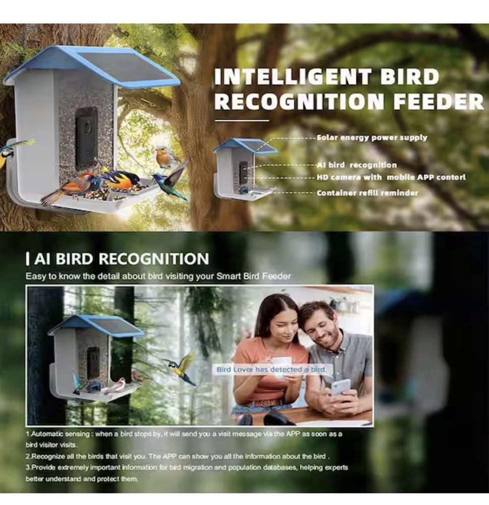 Smart Bird Feeder, Camera Solar Powered, HD Camera Auto Capture Bird