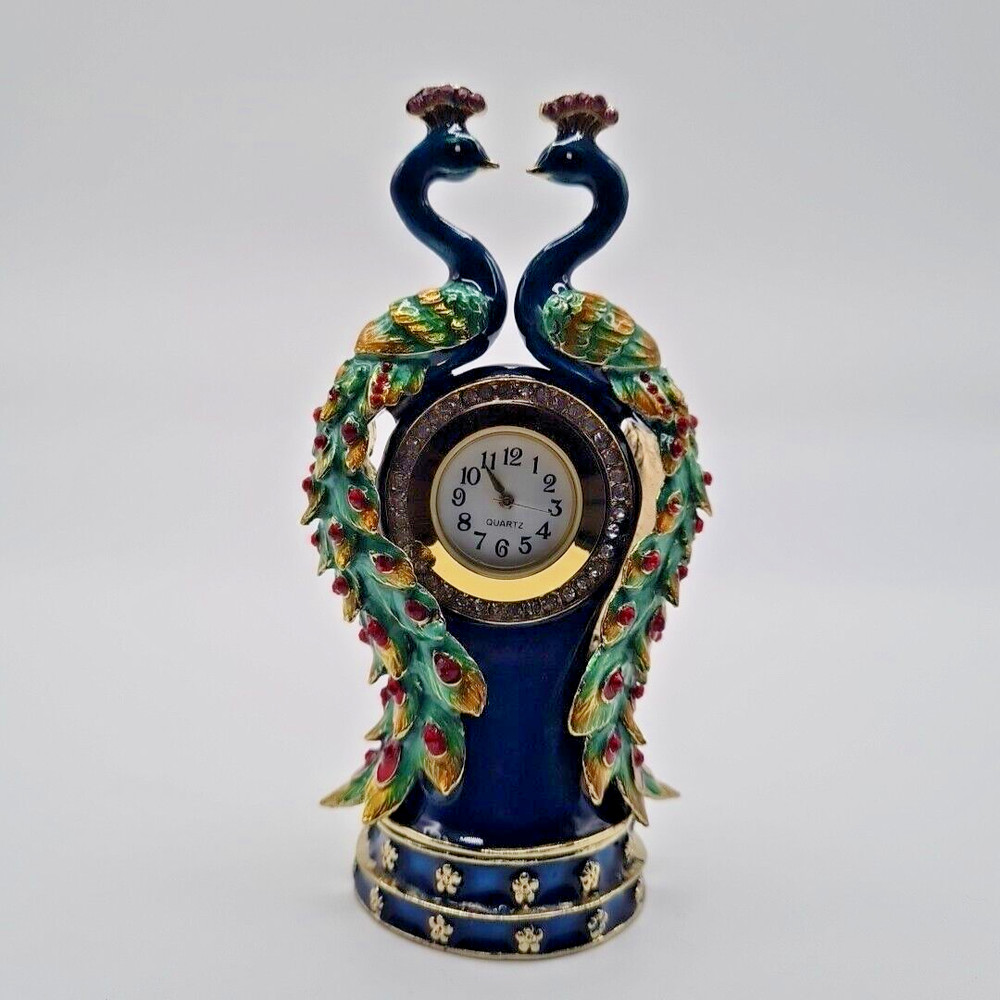Decorative Peacock hand painted crystal clock and keepsake trinket box