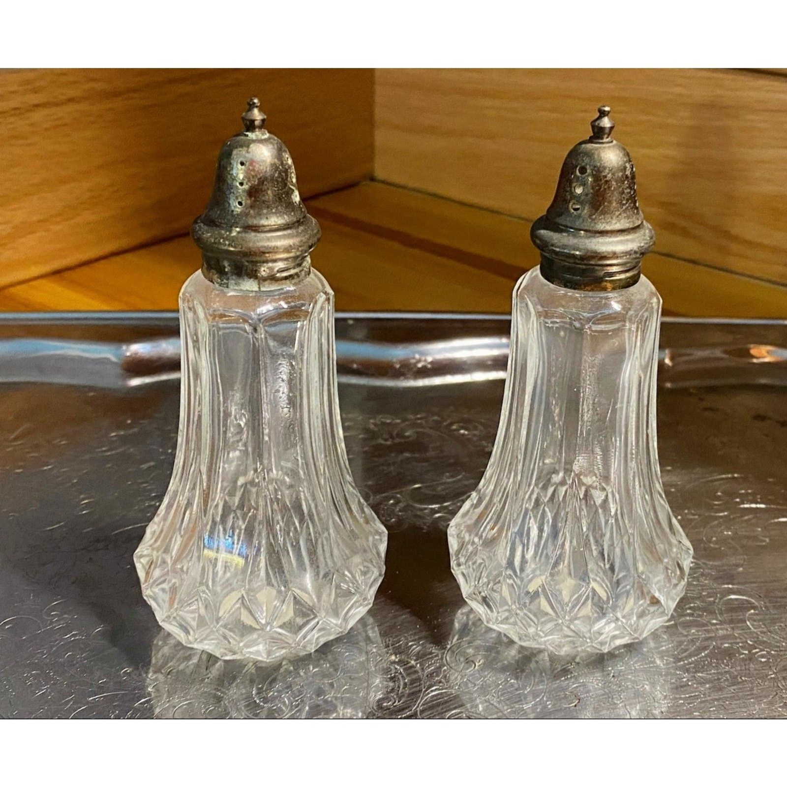 Vintage FB Rogers Crystal Salt & Pepper Shakers Japan Silver Plate Tops