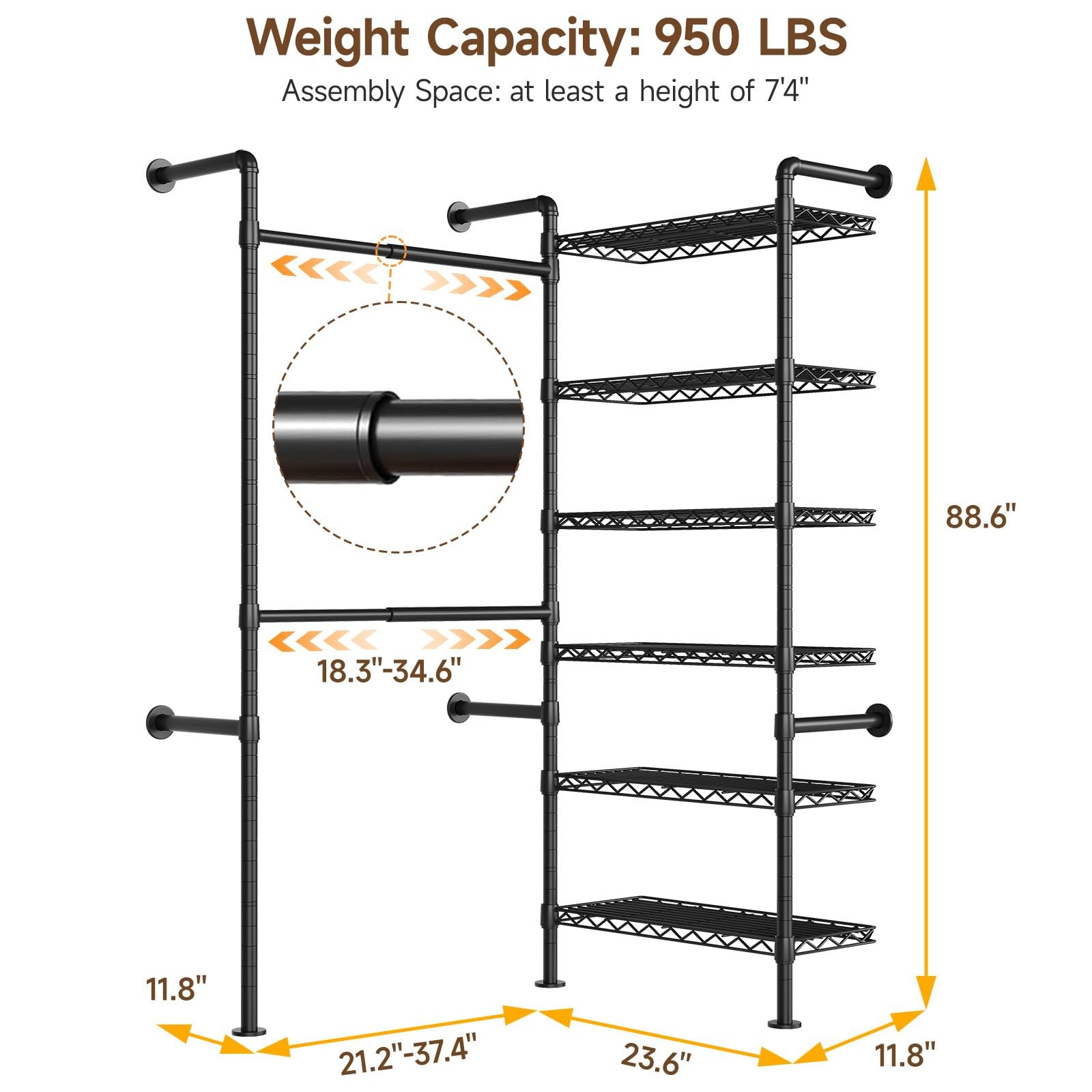 L2 Wall Mounted Closet System, Industrial Pipe Clothing Rack Clothes Racks