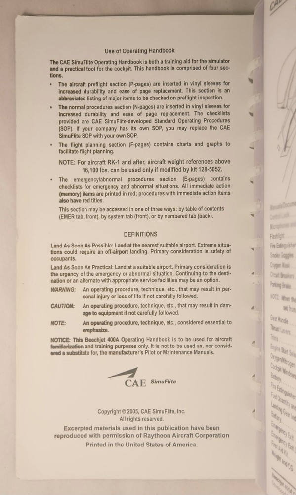 Beechjet 400A Operating Handbook: aviation reference CAE (A) SimuFlite 1995