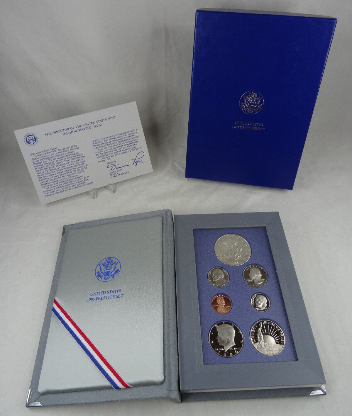 1986-S US Mint Prestige Proof Set Statue Liberty Silver Dollar Box & COA 7 Coins