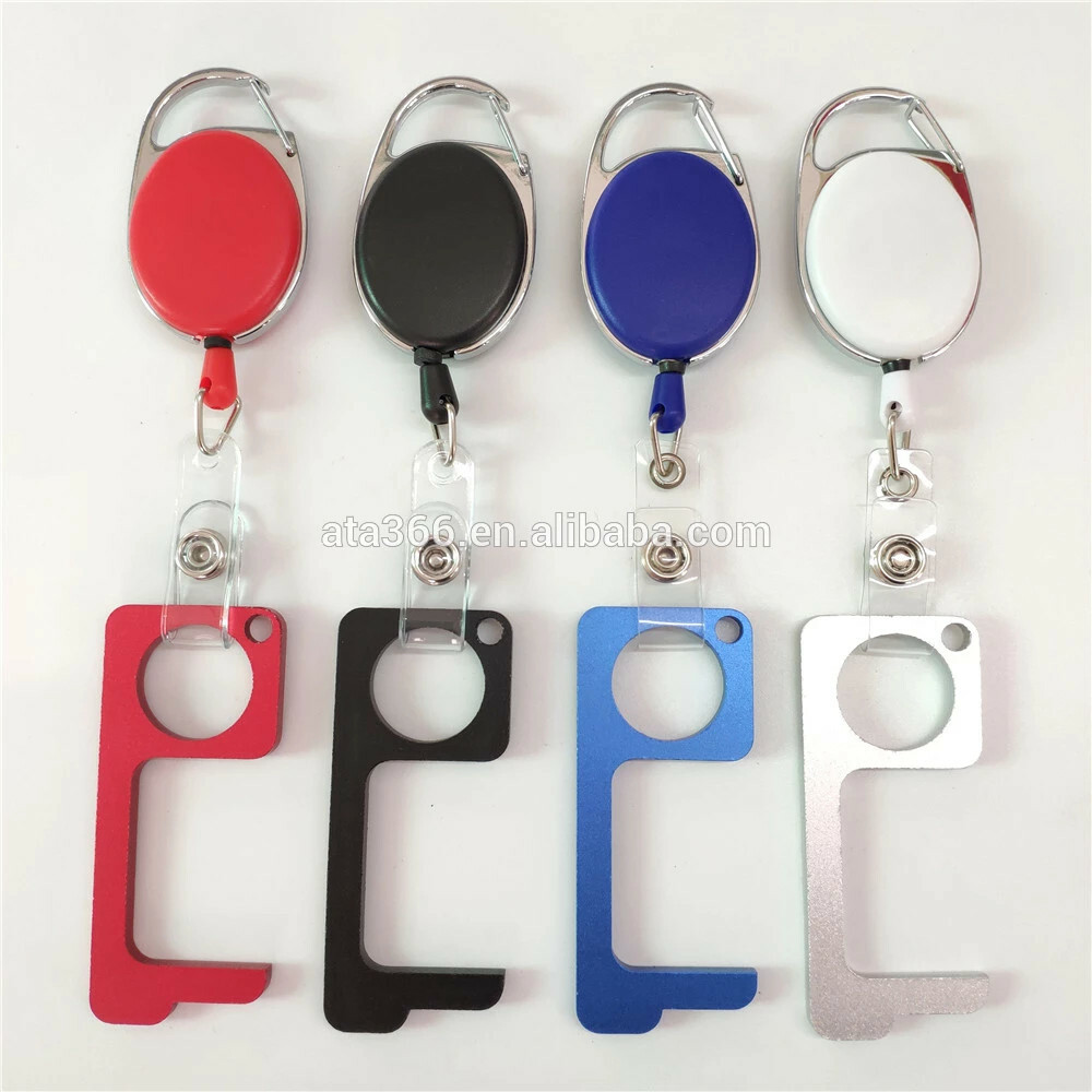 Contactless Brass Door Opener W/ Retractable Pull Reel Stepnpull Keychain SILVER
