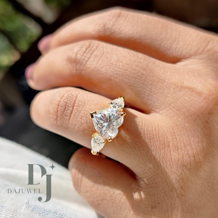 Moissanite Three Stone Engagement Ring Solid 14K Yellow Gold Heart Cut 2.70 CT