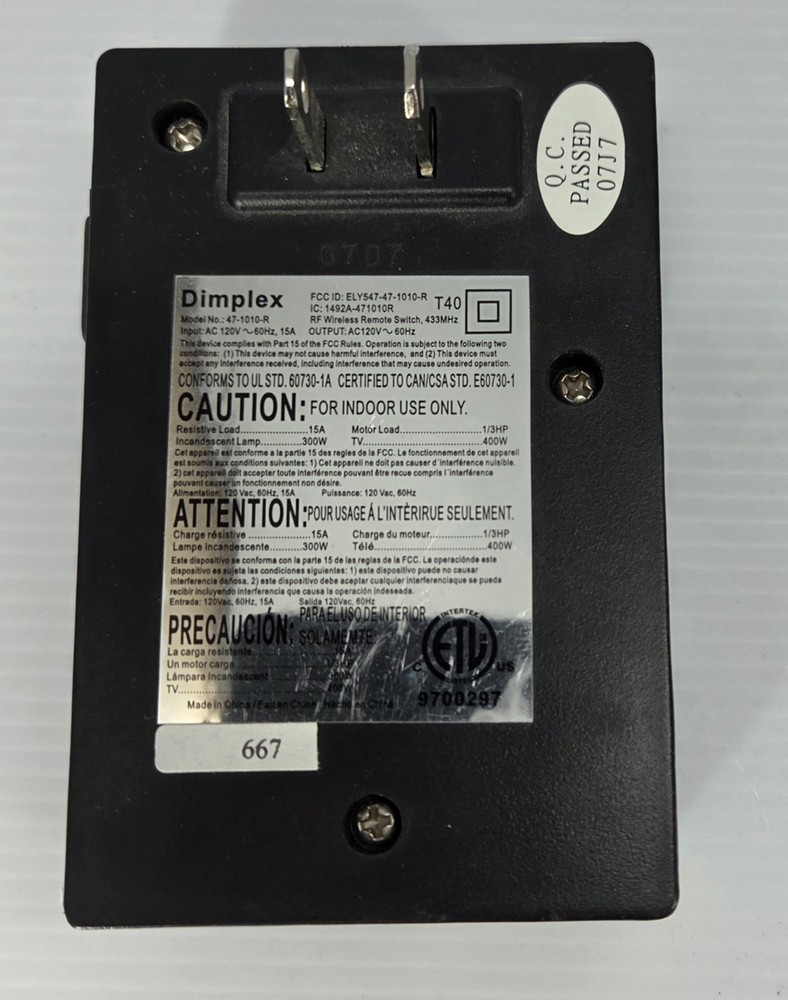 Dimplex RF Remote Control Switch Set 47-1010-T 47-1010-R Fireplace Plug & Remote