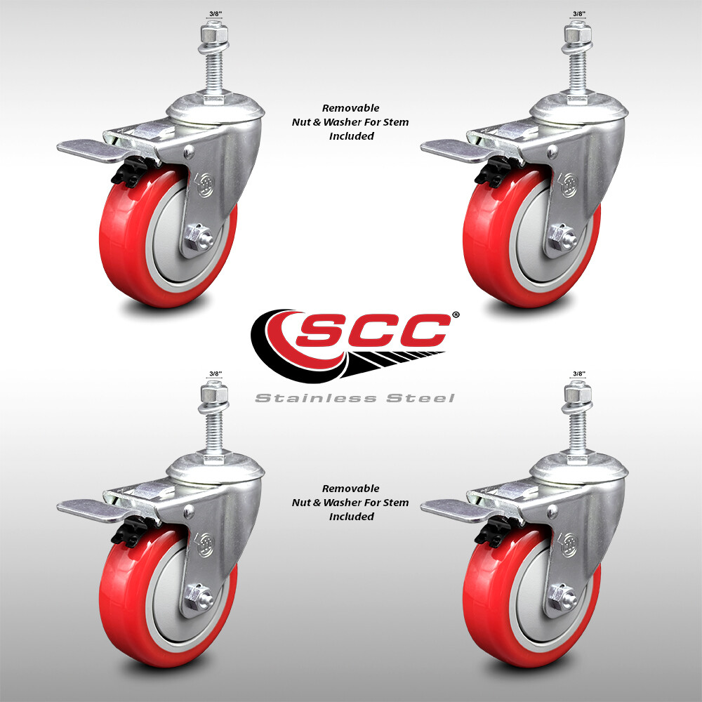4 Inch SS Red Polyurethane 3/8 Inch Threaded Stem Caster Set Total Lock Brake
