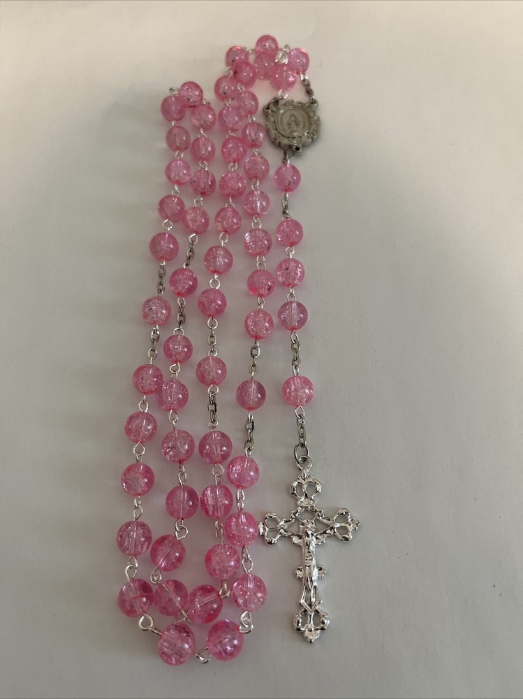 Pink 8mm Crackle Glass Prayer Catholic Rosary Beads