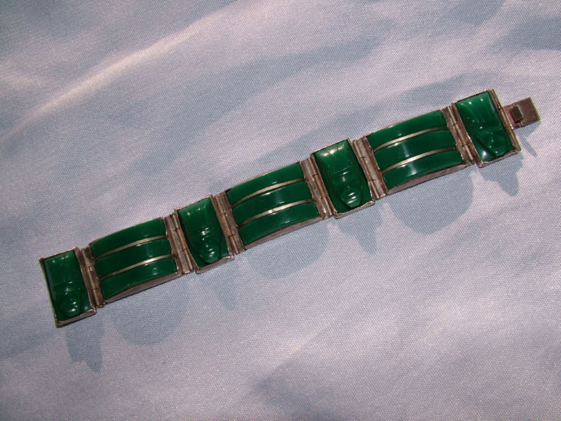 VINTAGE  MALACHITE MAYAN MASK SILVER CUFF BRACELET