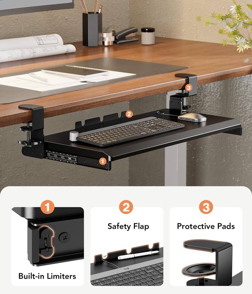 Keyboard Tray Under Desk Pull Out with Extra Sturdy C Clamp Mount System, 27.3