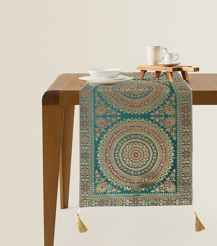 Indian Wedding Green Decor Table Runner Boho Brocade Elephant Linen Tablecloth