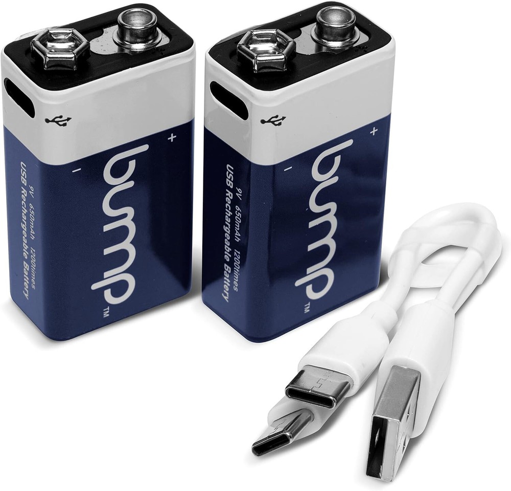 2 Pack 9 Volt Lithium Ion Rechargeable Batteries 650mAh USB-C Type Cable Bump