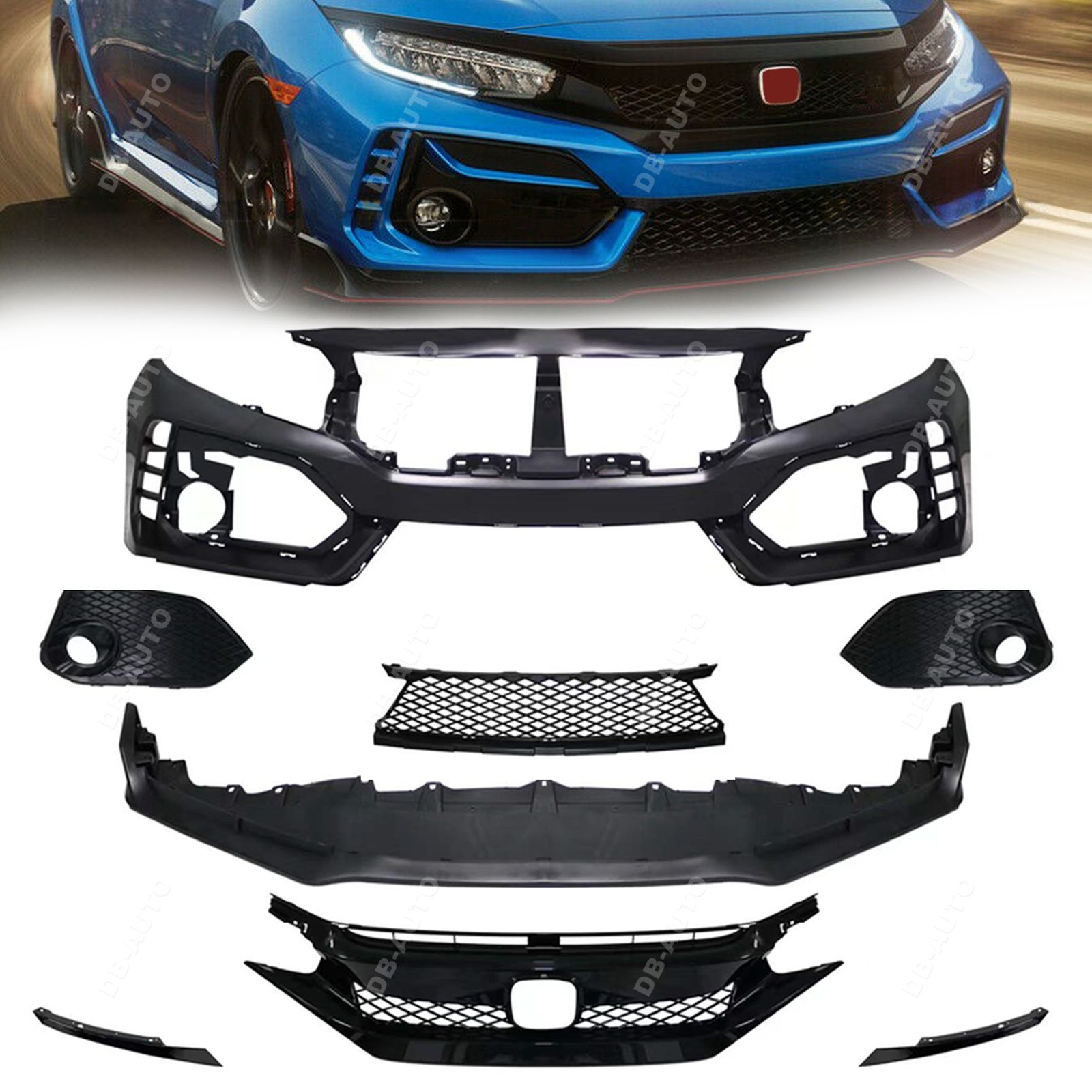 Front Fascia Bumper Cover for 2016-2018 Honda Civic Coupe Sedan Type R Style Set