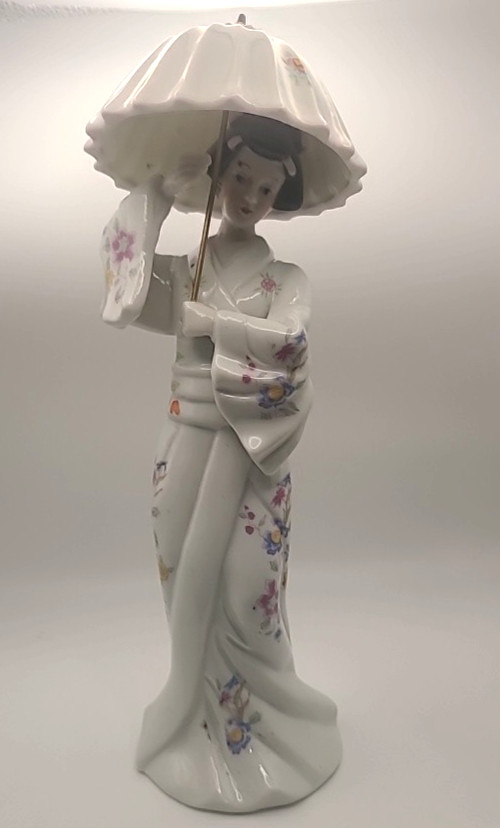 Vintage Japanese Geisha with Umbrella Floral Porcelain Statue 13" Unique