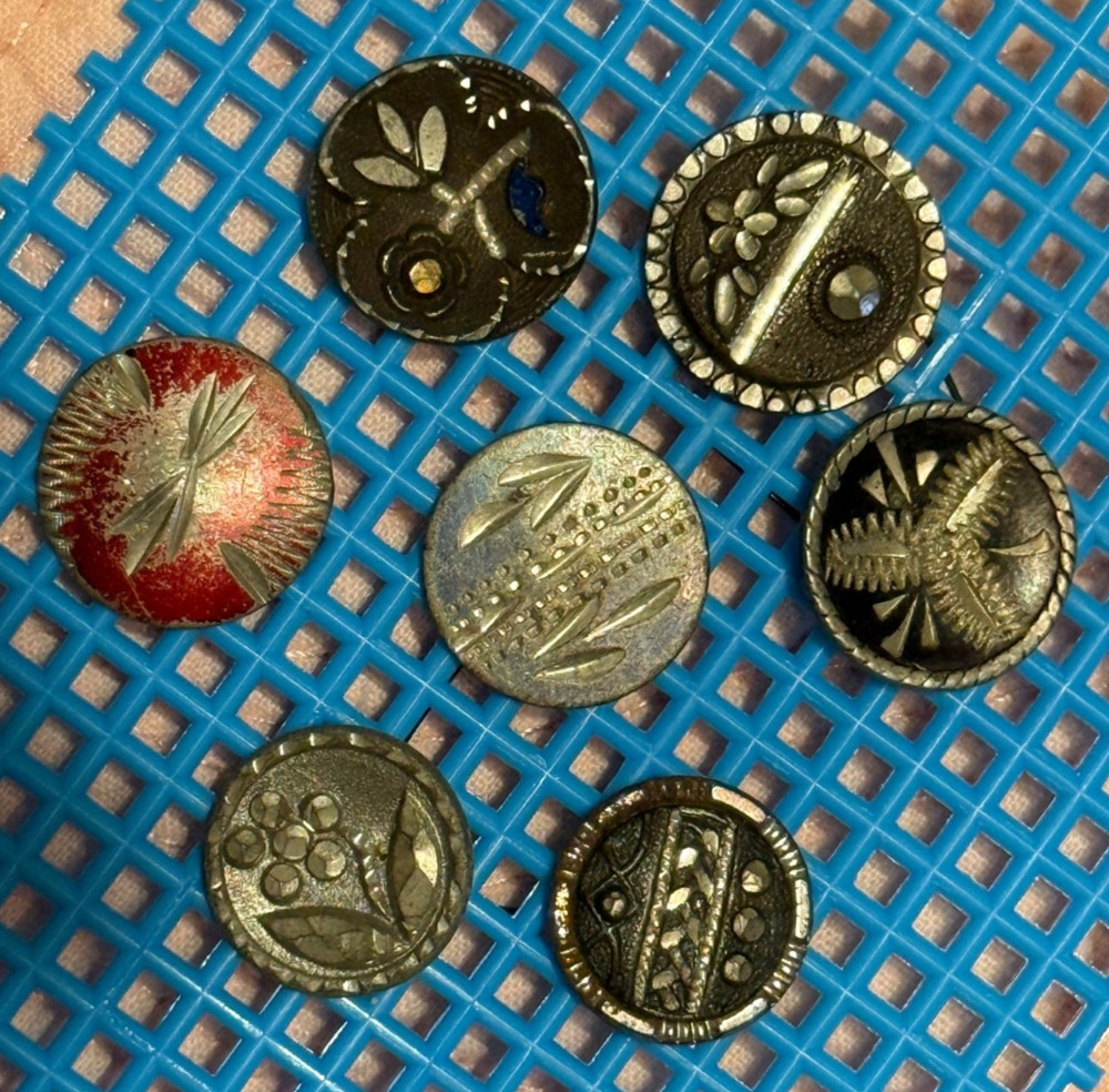 7 Antique etched Pewter small Buttons