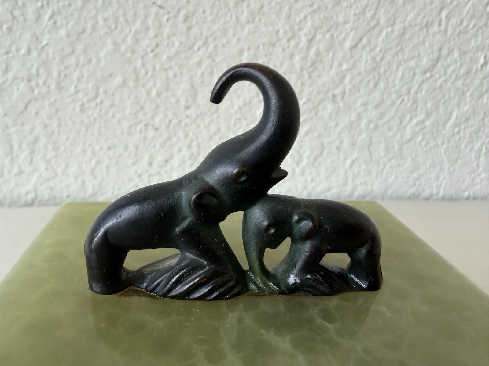 Antique Vtg Trinket Jewelry Box Green Onyx Austria Elephant Sculpture Art Deco