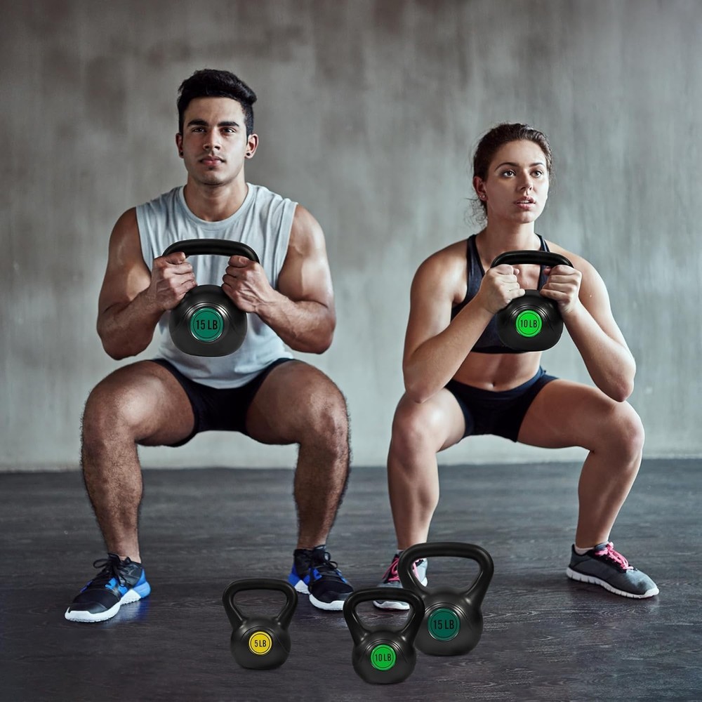 Vinyl Kettlebell Set 4pc 5-20lb Black Wide Handle Rust Resistant Weight Training