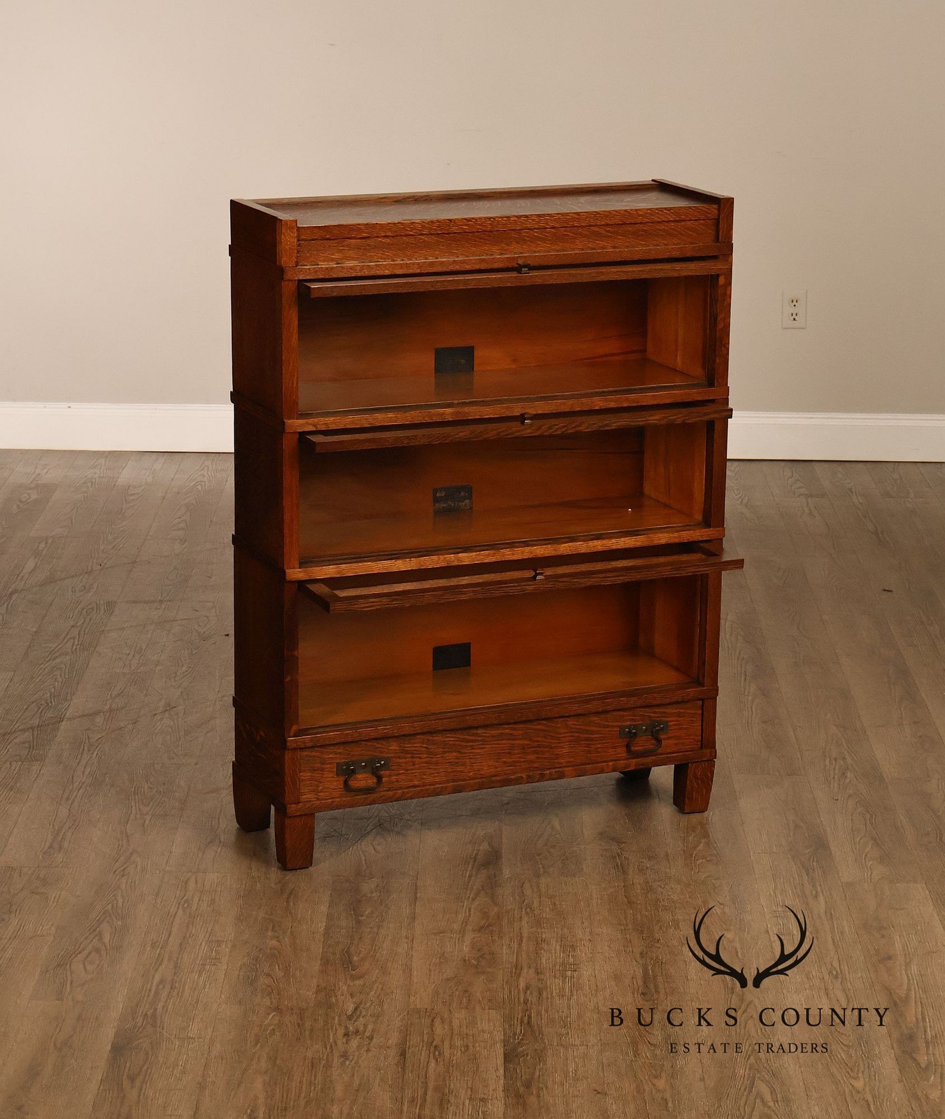 Antique Globe Three-Stack Barrister Bookcase With Base Drawer