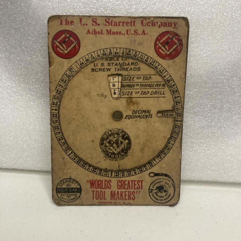 vintage L. S. Starrett Co. screw thread and tap drill size dial chart.