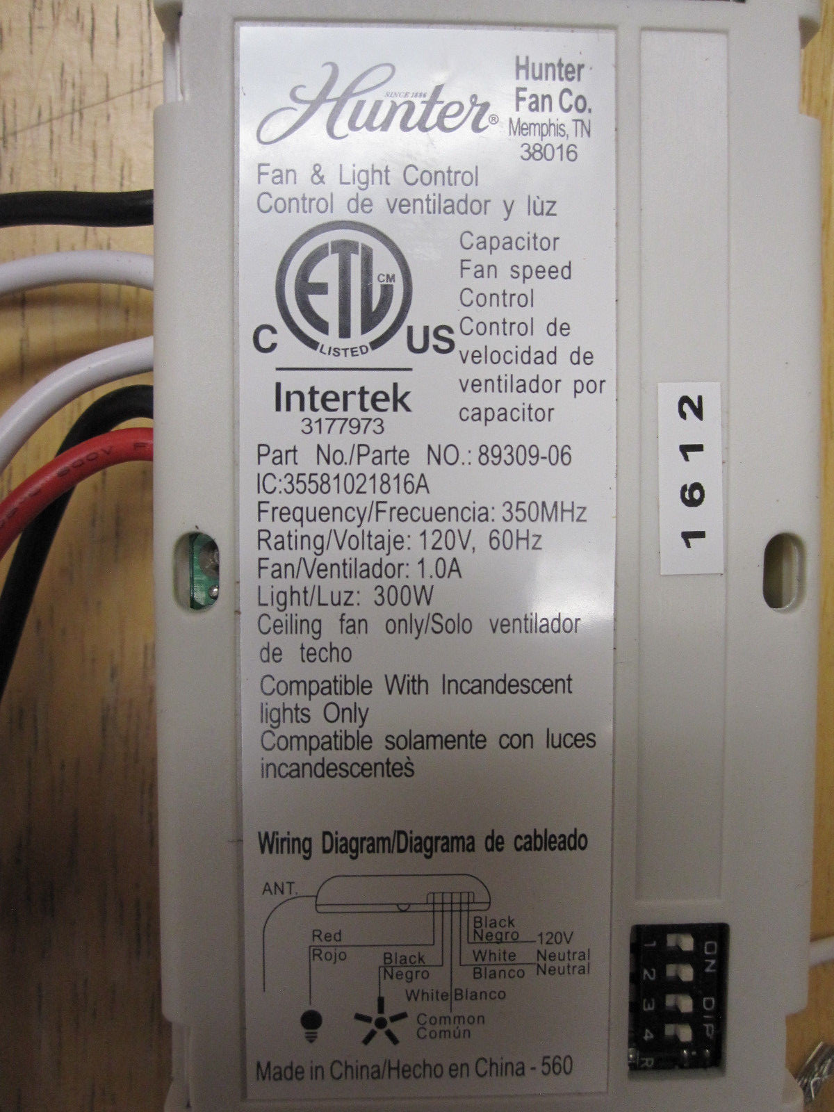 HUNTER Geniune Original Replacement Ceiling Fan Wireless Remote Receiver 89309