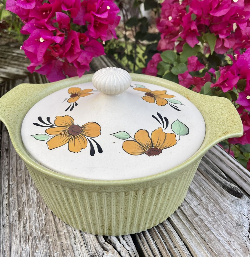 Casserole Dish Oven Safe Signed Hand Painted Lid Floral Solid Lt. Green Bottom