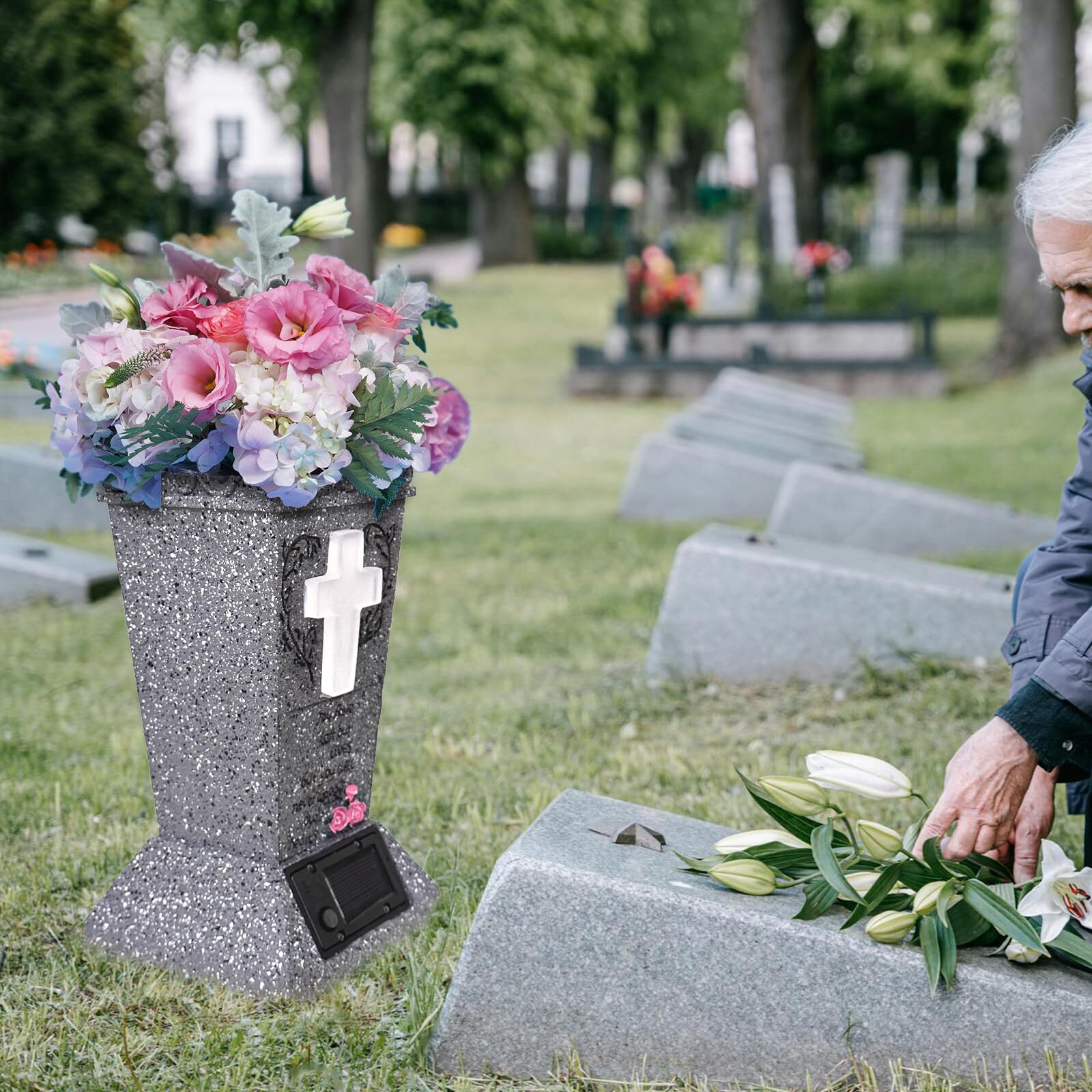 Solar Cemetery Vase with LED Cross Lamp Memorial Flower Holder with Spike Hea...