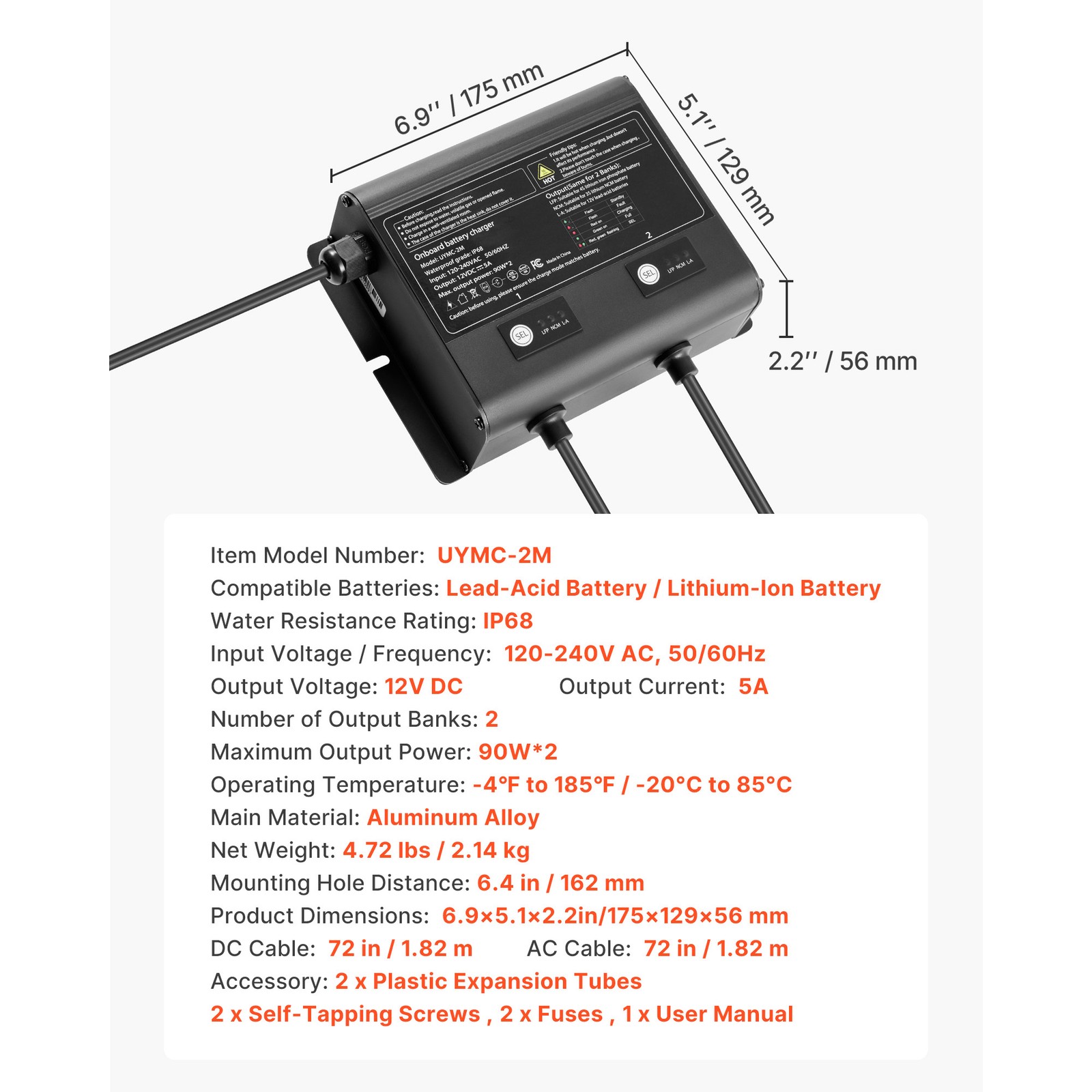 2-Bank 5A 12V Smart Marine Battery Charger Onboard IP68 Waterproof Boat RV Yacht