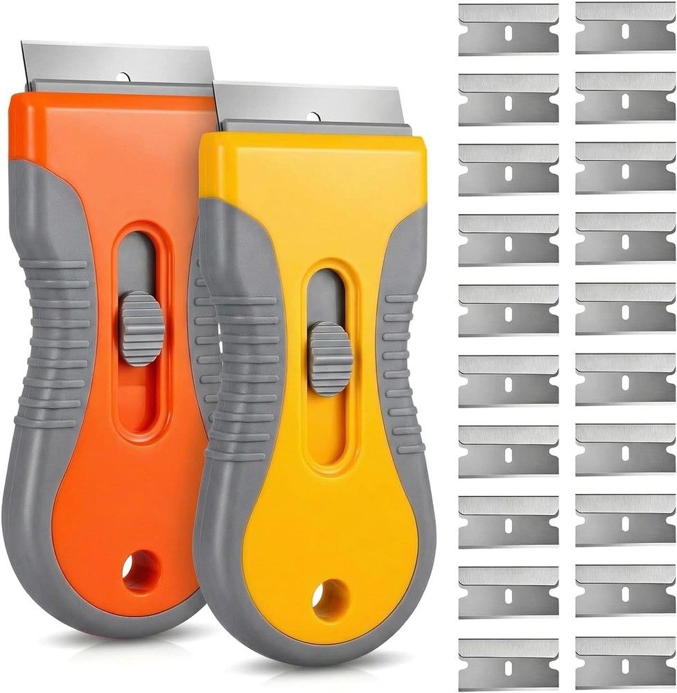 Razor Blade Scraper Tool 2 Pack with 20 Extra Blades - Retractable Glass Scraper