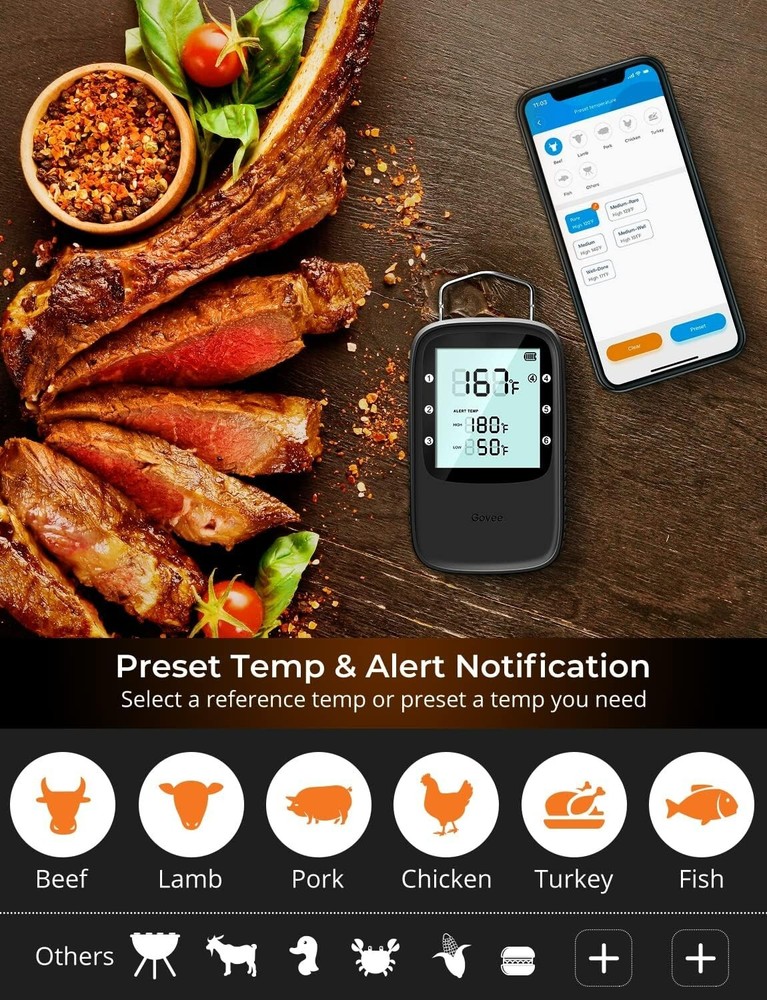 Wireless Meat Thermometer with 6 Probes and Smart LCD Backlight - Precision C...