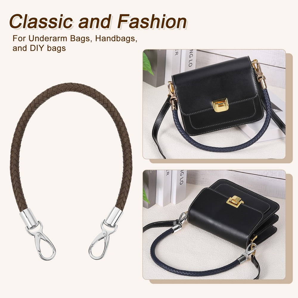2Pcs 50cm Short Leather PU Braided Purse Replacement (Dark Coffee, Silver)