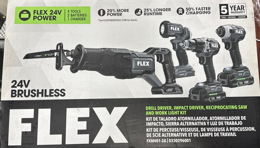 Flex FXM401-2A Impact Driver, Recip Saw, Drill Driver & Work Light 4-Combo Kit