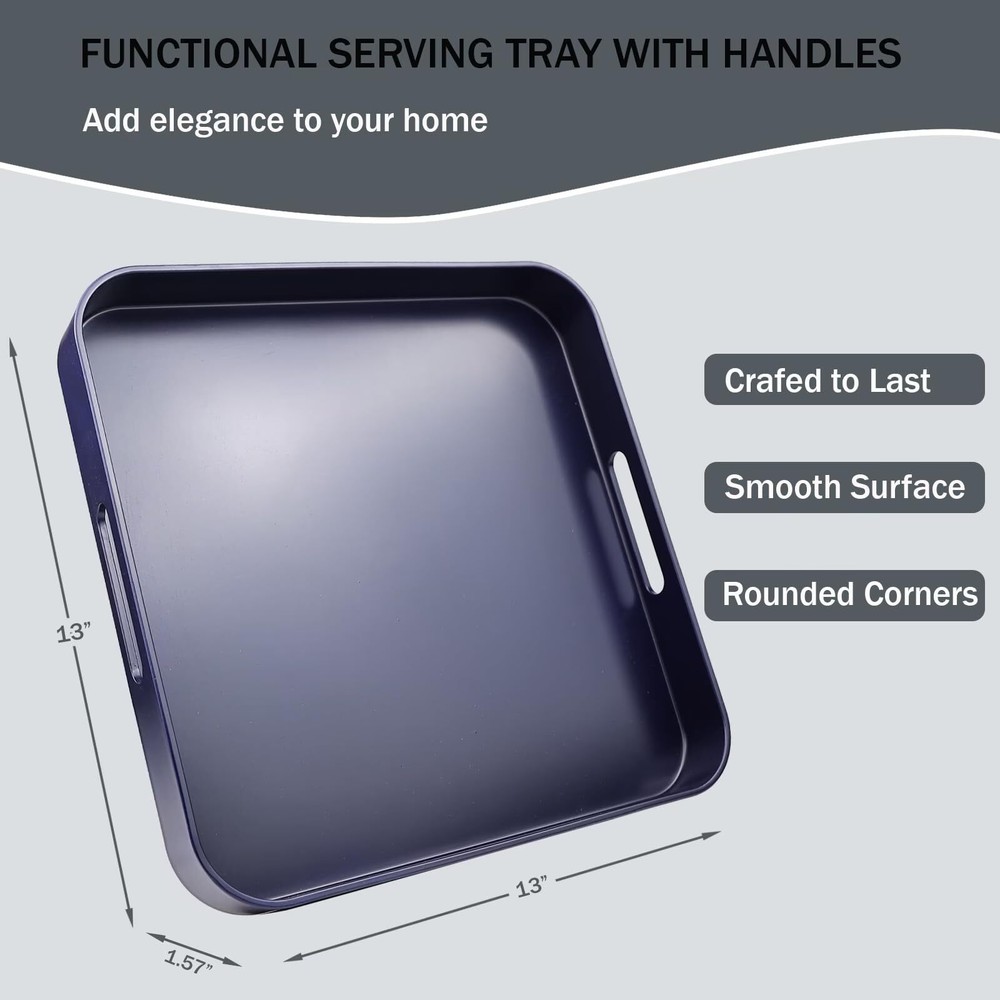 Square Navy Blue Decorative Serving Tray with Handles Versatile Ottoman Tray ...