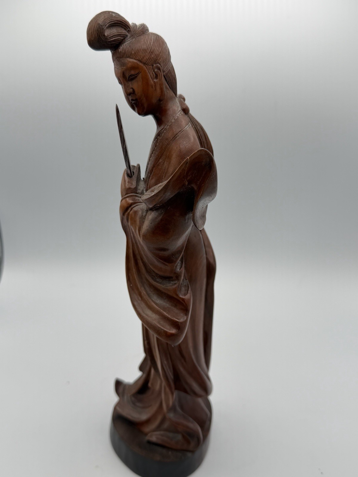 Vintage Hand Carved Wood Geisha Figurine Woman With Fan Asian Statue 9”