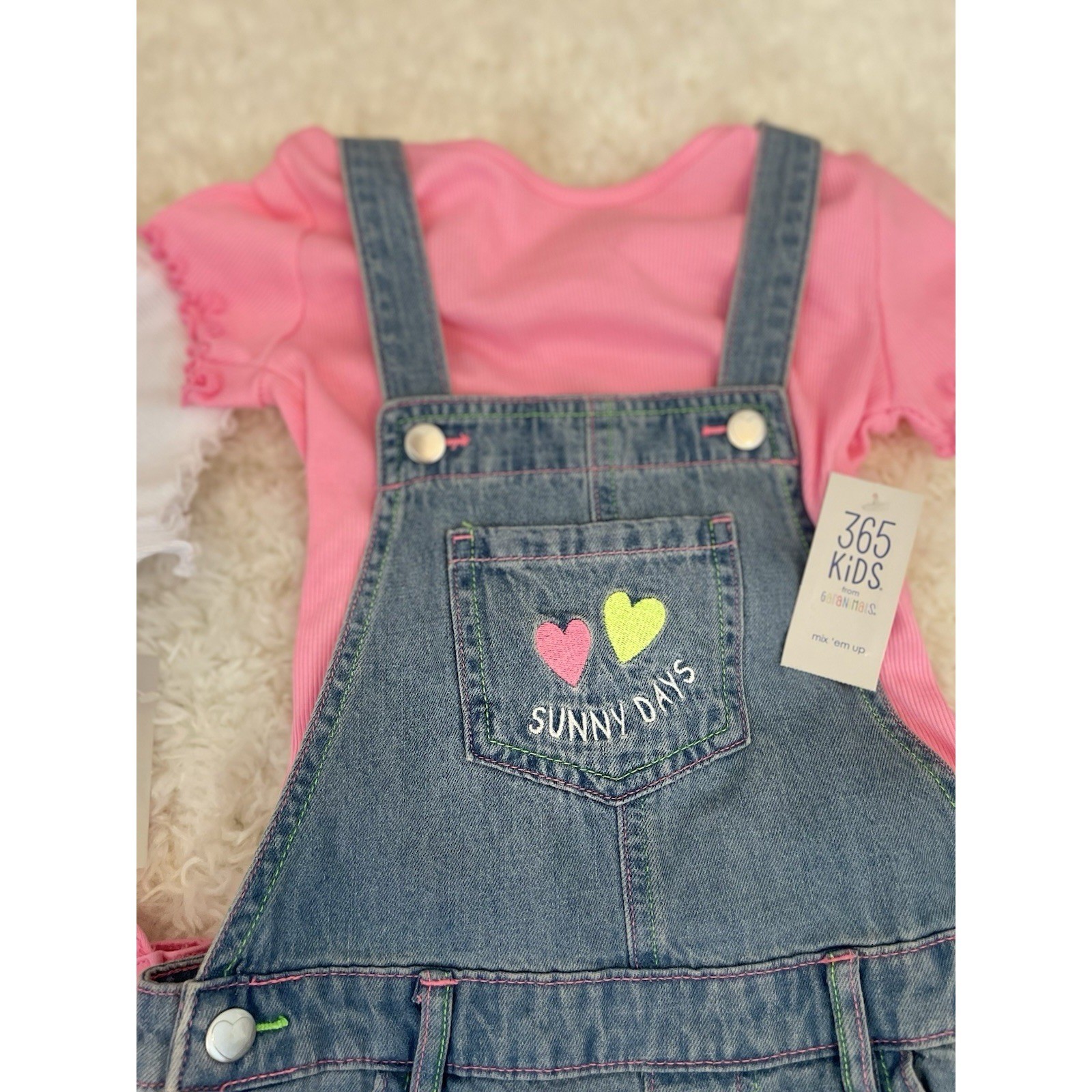 365 Kids Girls 2 Pack Pink and Blue Denim Overalls and T-shirt 5 Rainbow Heart