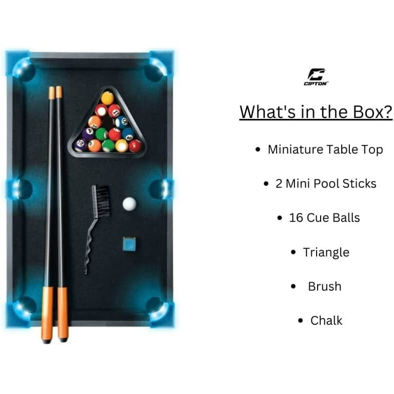 Cipton LED Light Up Mini Billiards Set - Compact Indoor/Outdoor Pool Table with
