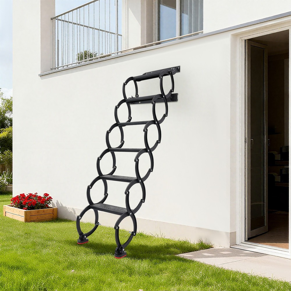 6-Step Wall Mounted Folding Ladder, Black Retractable Telescoping Step Stairs