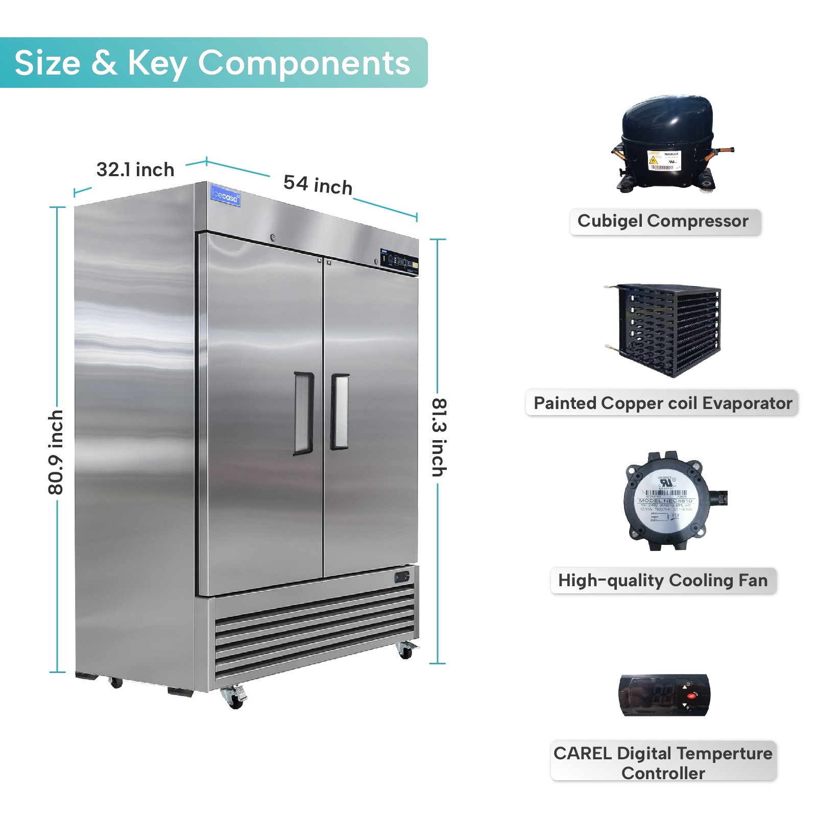 ICECASA 54" Commercial Refrigerator, 2 Door Reach-In Cooler 49 Cu.ft
