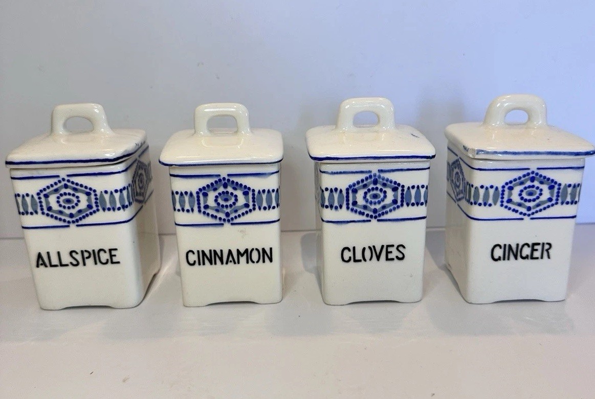 4 Blue and white Czechoslovakian spice canisters vintage